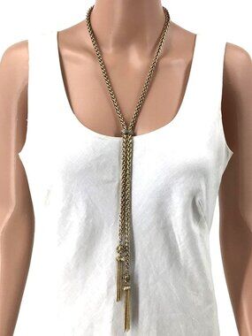 Chicos Tassel Necklace Gold Tone Rhinestone Inlay Adjustable Length Womens